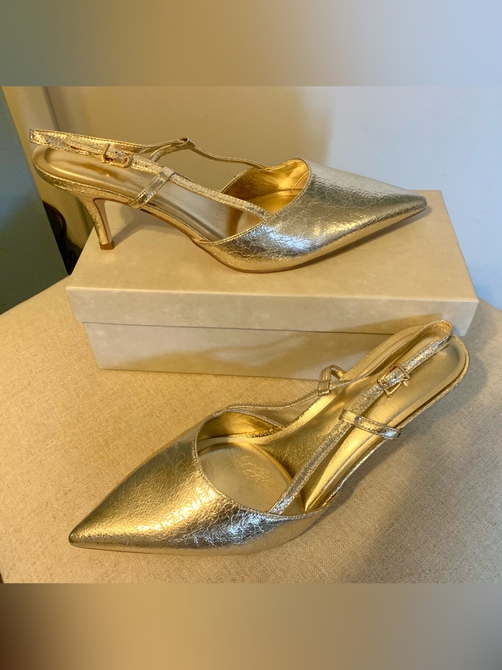 Metallic Gold Pointed-Toe Slingback Heels